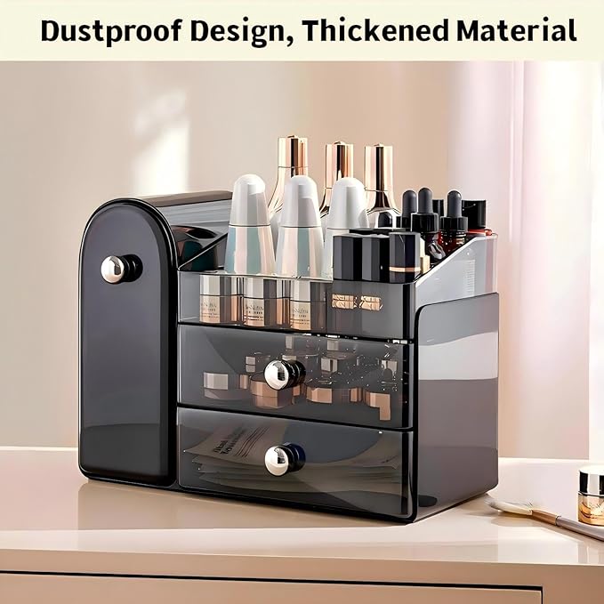 Makeup Organizer for Vanity with Covered Brush Holder,Bathroom Organizers with Drawer,Skin Care Organizer,Makeup Organizers for Vanity with Drawer,Large Makeup Storage for Dresser, Black