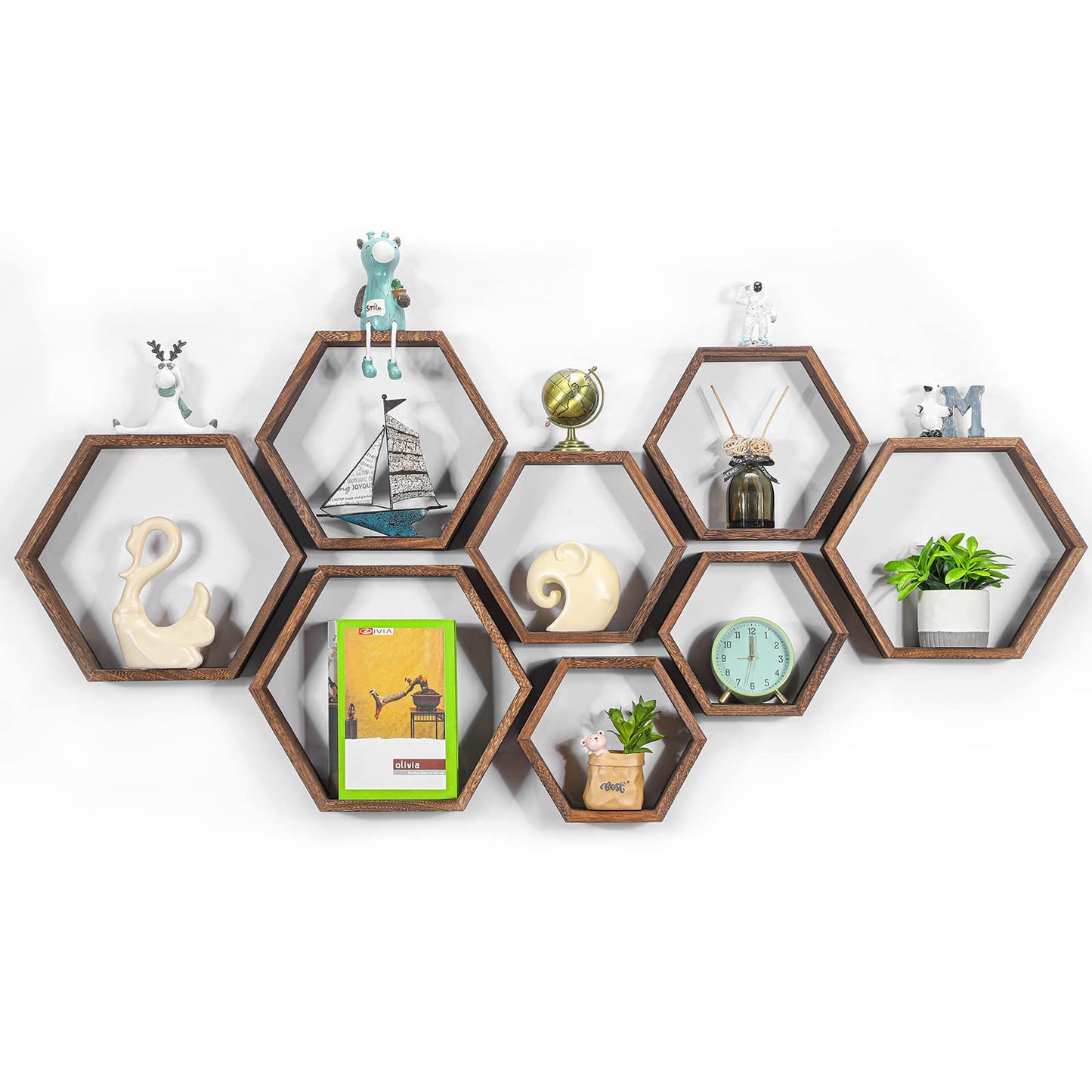 Hexagon Floating Shelves Set of 8 Wood Hexagonal Shelves Brown Wall Decor and Storage Racks for Living Room Floating Honeycomb Plants Shelf Farmhouse Wall Hexagon Hanging Shelf for Bedroom Home