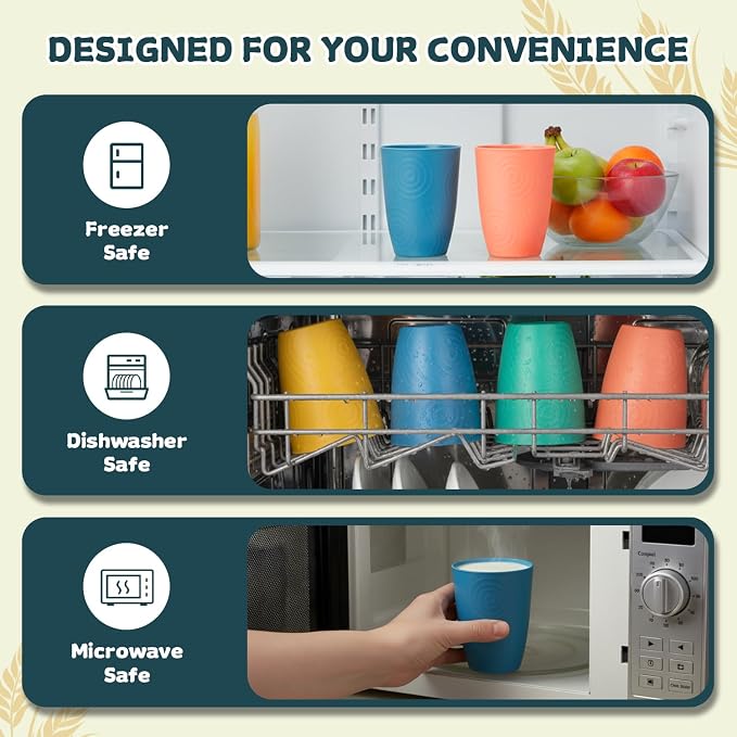 Wrova Wheat Straw Cups Set of 8, 12oz Kids Cups Unbreakable Drinking Cups Alternative to Plastic Cups Reusable, Dishwasher Safe Water Tumbler Set for Kitchen,Camping- Vibrant