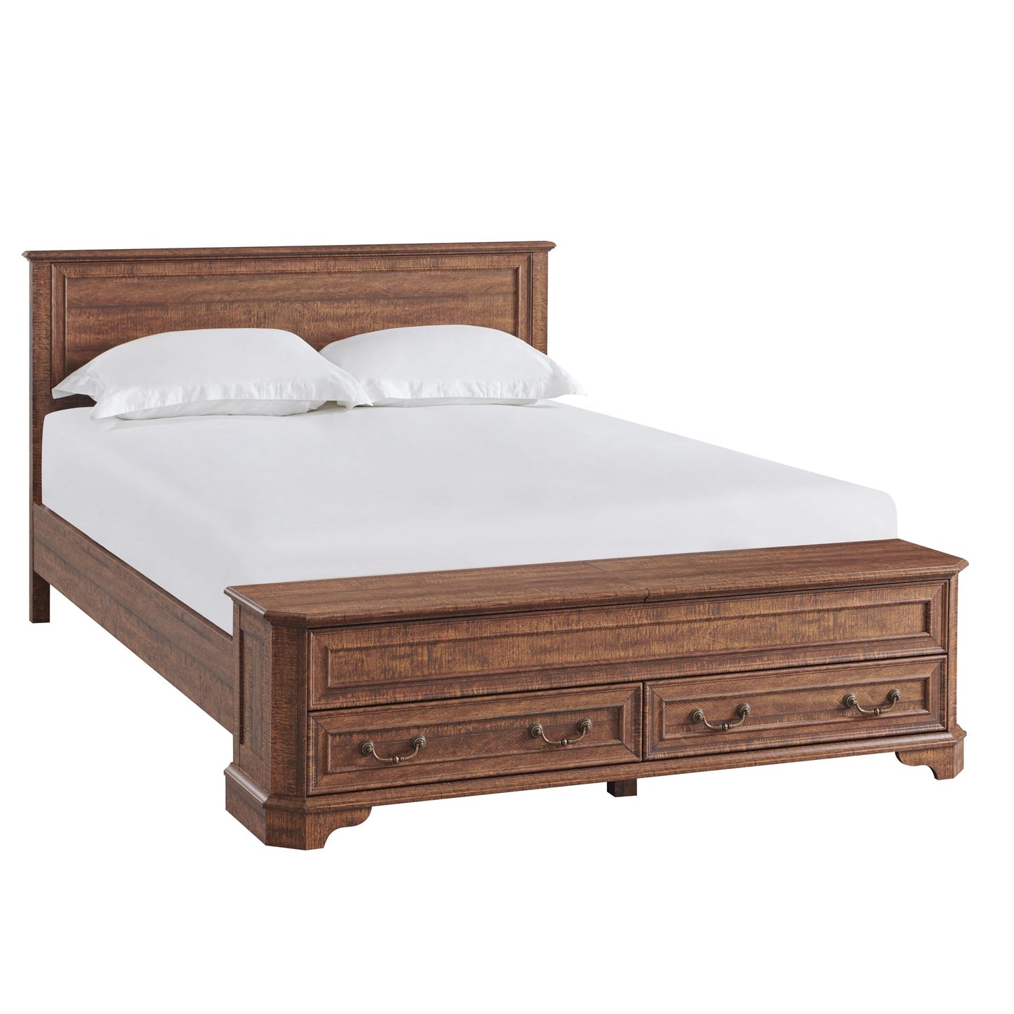 T4TREAM Farmhouse Queen Bed with Headboard and Storage Bench, Rustic Wood Platform Bed with 64" Storage Chest w/ 4 Large Drawer, Dark Brown