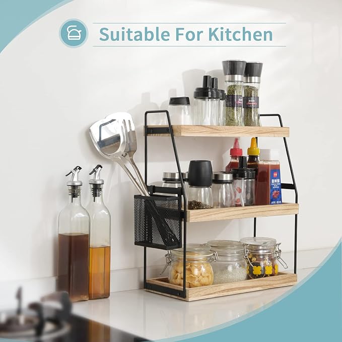 Bathroom Counter Organizer, 3-Tier Standing Storage Shelf with Basket, Wood Tray for Skincare Vanity Organizer