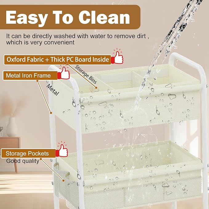 3-Tier Baby Diaper Caddy Cart Organizer,Mobile Nursery Storage Carts with Wheels,With 2 Dividers&14 Mesh Pockets Durable Metal Utility Cart for Nursery, Bedroom, Bathroom, Baby Essentials Organization