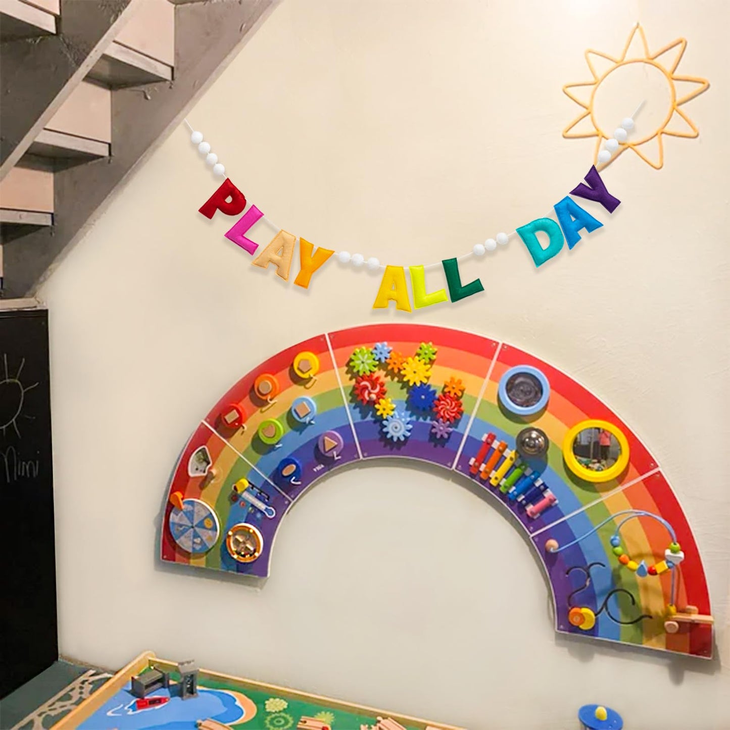 Pre-Strung Rainbow Play All Day Felt Banner Reusable Play Sign Play All Day Wall Hanging Felt Garland for Kids Nursery Playroom Wall Decor Boys Girls Playhouse Decor Toy Room Classroom Decoration