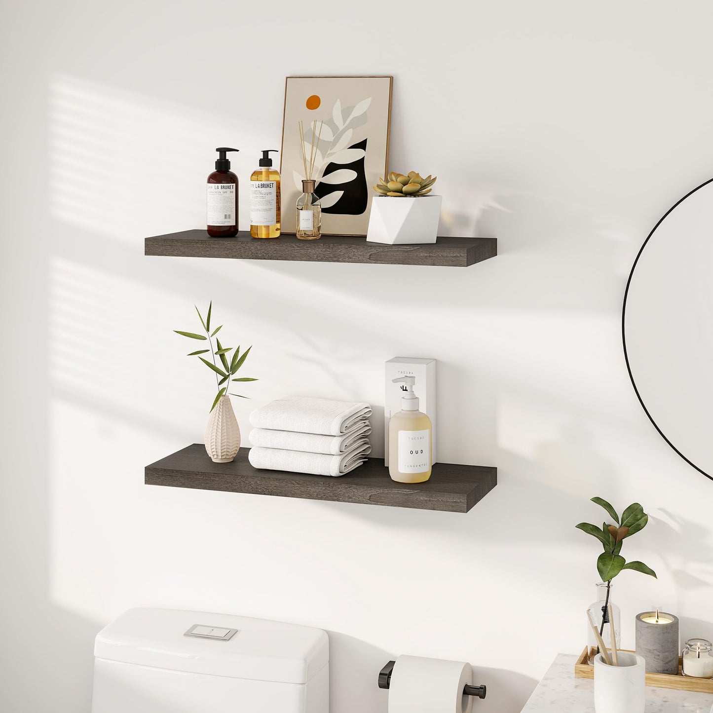 Vivelove Elm Floating Shelves for Wall Solid Wood, 24 Inches Long Rustic Wall Shelf with Invisible Bracket for Living Room Bedroom Bathroom Office Book, Farmhouse Wall Display Shelf, Set of 2 - Grey
