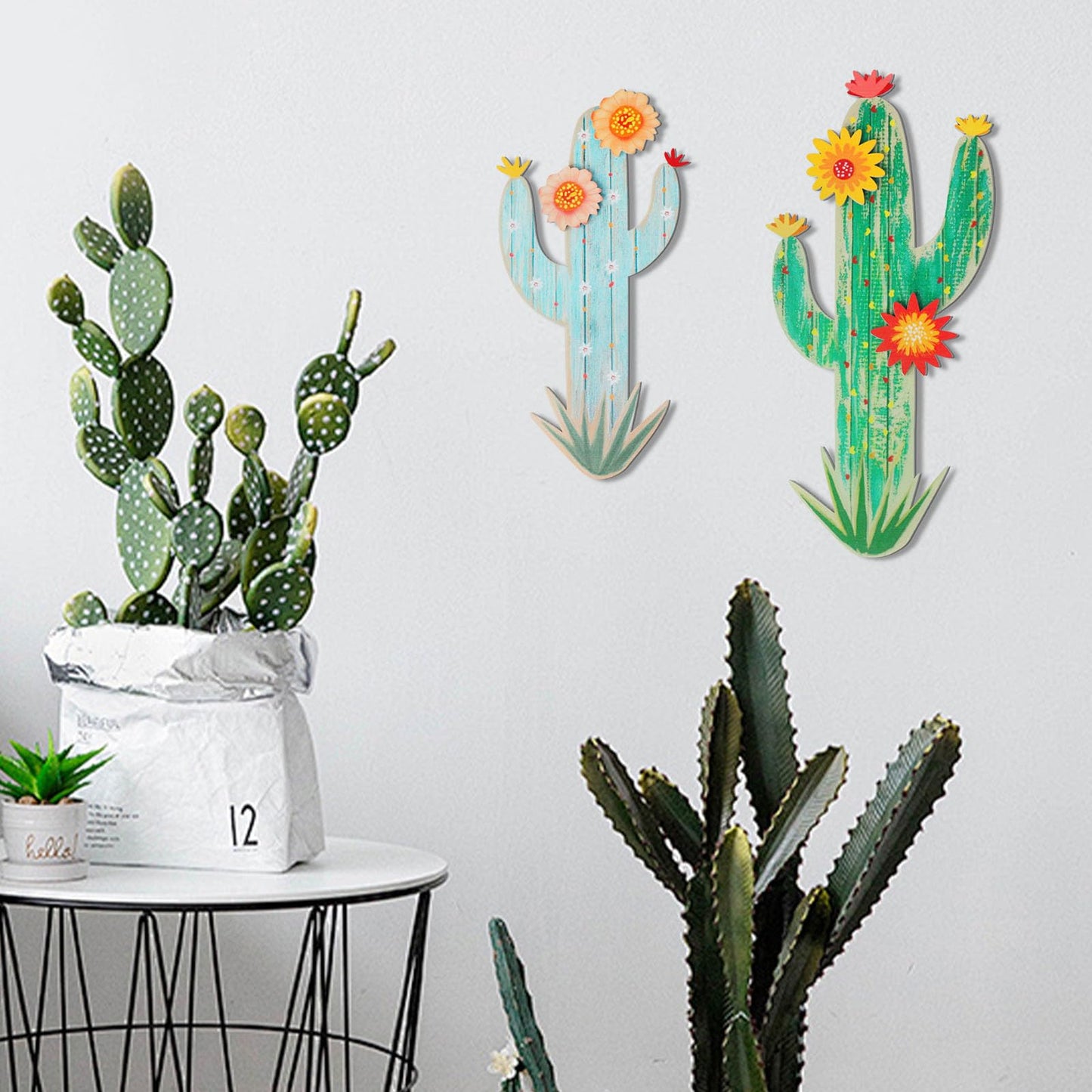 KOYILTD 2 Pcs Cactus Wall Art Wooden Southwestern Decor Western Bathroom Decoration Vivid Cactus Wall Decor for Home Bathroom Bedroom Livingroom Nursery (Vivid, Medium)