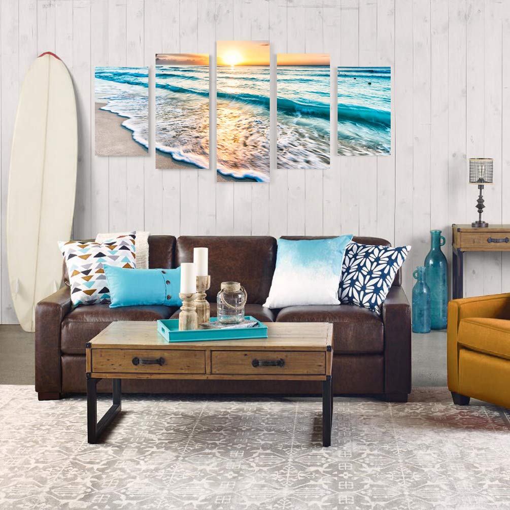 Goldfoilart 5 Pieces Beach Coastal Wall Art Sea Sunset Seascape Pictures Ocean Photography Canvas Large Horizontal Landscape Multi Framed Artwork for Bedroom Living Room Bathroom Wall Decor