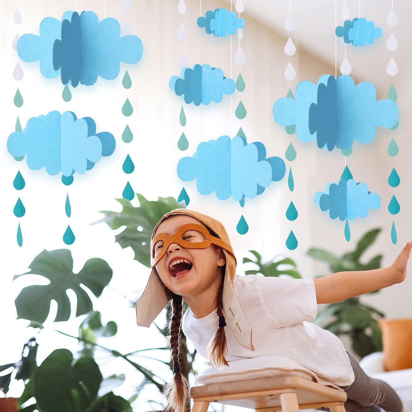 16 PCS 3D Cloud Decoration Blue Hanging Clouds and Raindrop for Cloud Ornaments Hanging Ceiling Decor for Party Nursery Children Room Ceiling Decorations