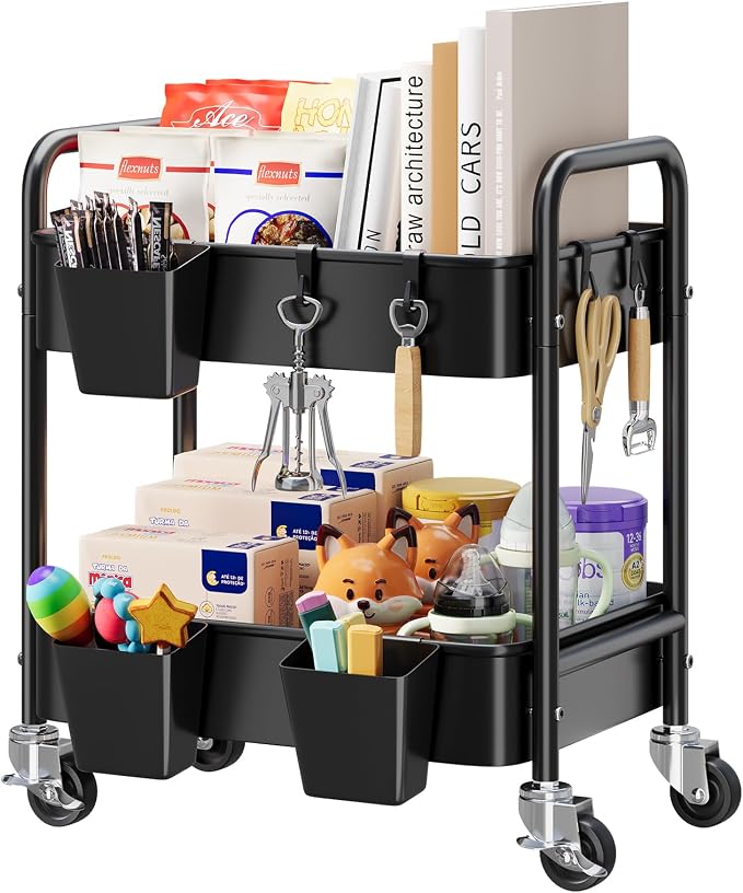 2 Tier Small Rolling Cart Metal with Wheels, Black Under Desk Storage Carts on Wheels, Short Utility Roller Shelf Trolley Organizer for Pantry, Kitchen, Office, Two Tiered Mobile Side Table, 22in Tall