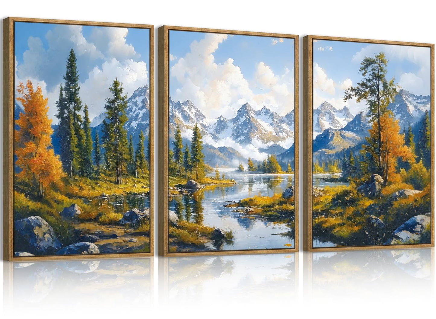 BINCUE Framed Mountain Landscape Wall Art Nature Forest Wall Decor Tree and River Art Print for Living Room Bedroom Office 16x24 Inches Set of 3
