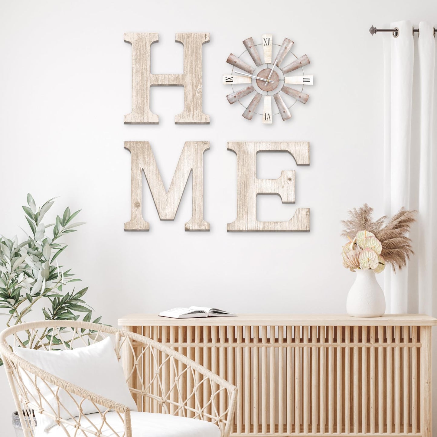 ZAZIWZ Farmhouse Home Signs with Windmill Clock Wall Decor Rustic Home Letters Wall Art for Living Room Kitchen Entryway Dining Room Bedroom (water-white)