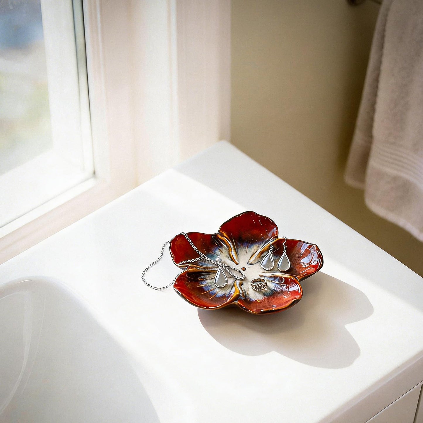 SEEDUSTRY Ceramic Jewelry Tray, Petal Ring Dish, Small Ceramic Jewelry Trinket Holder, Desktop Decoration, Dainty Plate for Rings, Earrings, Necklace, Gifts for Mother Girlfriend Daughter Sister