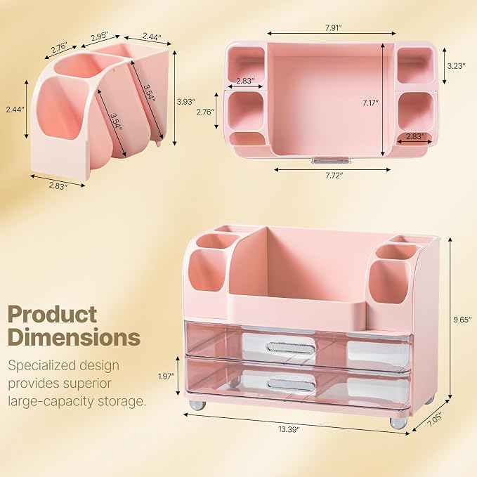 Makeup Organizer with Brush Holder, Makeup Organizer Countertop with 2 Drawers, Make up Organizers for Vanity, Vanity Organizer, Makeup Storage For Skin Cares,Makeup Brushes,Lipsticks,Perfumes(Pink)