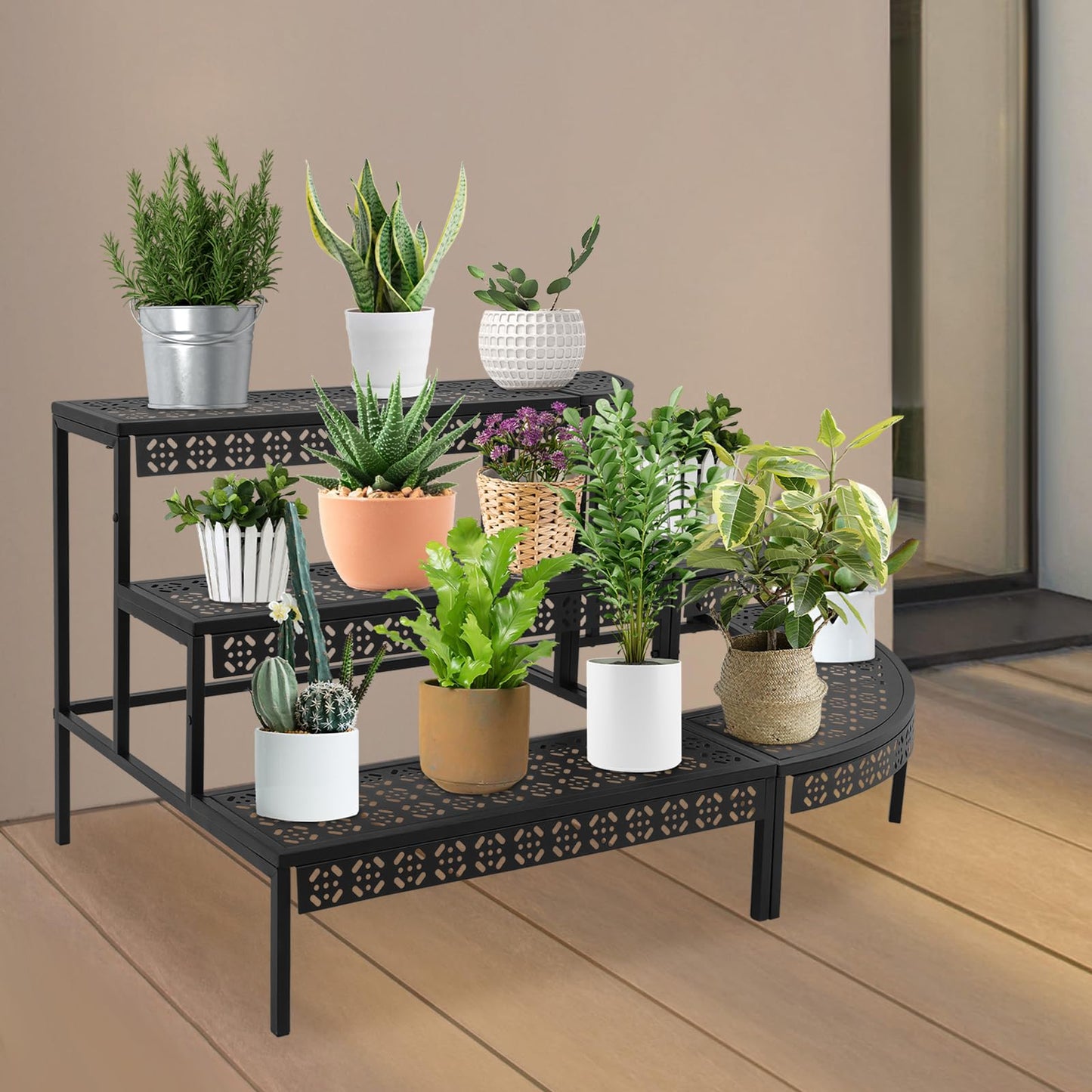 ARPITUYN 3 Tier Metal Plant Stand, Ladder Flower Pot Holder Plant Stands, Stair Style Large Flower Pot Display Rack, Garden Flower Pot Display Shelf for Indoor Outdoor, Black