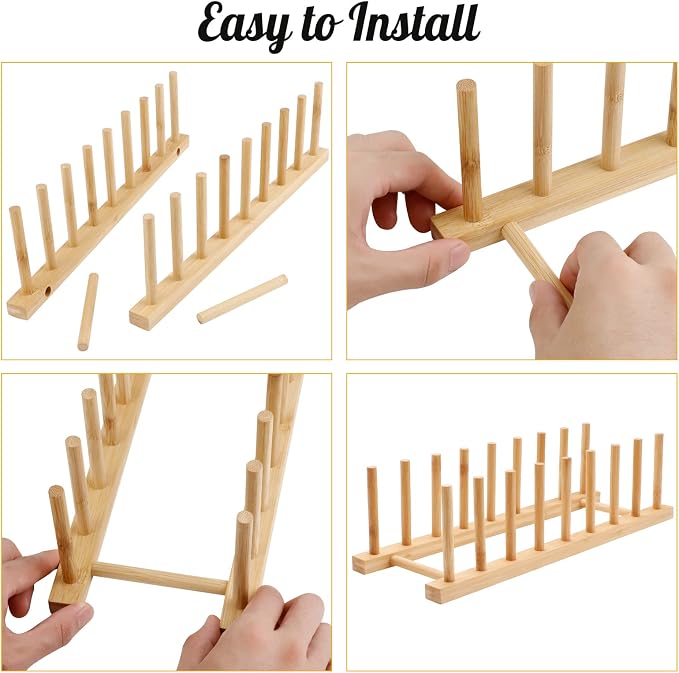 2PC Bamboo Wooden Dish Drying Rack, 8-Slot Plate Rack Cabinet Dish Stand Organizer for Kitchen Counter, Drainer Storage Holder for Bowl/Cup/Lid/Cutting Board/Book, Space-Saving Design