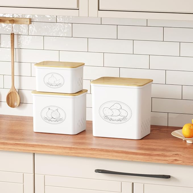 Lifewit Plastic Potato and Onion Storage Bin, Stackable Garlic Keeper with Aerating Holes and Lid, Vegetable Container Box for Pantry Countertop, White, 24 x 18 x 24 cm/9.5 x 7 x 9.5 inch, Set of 3