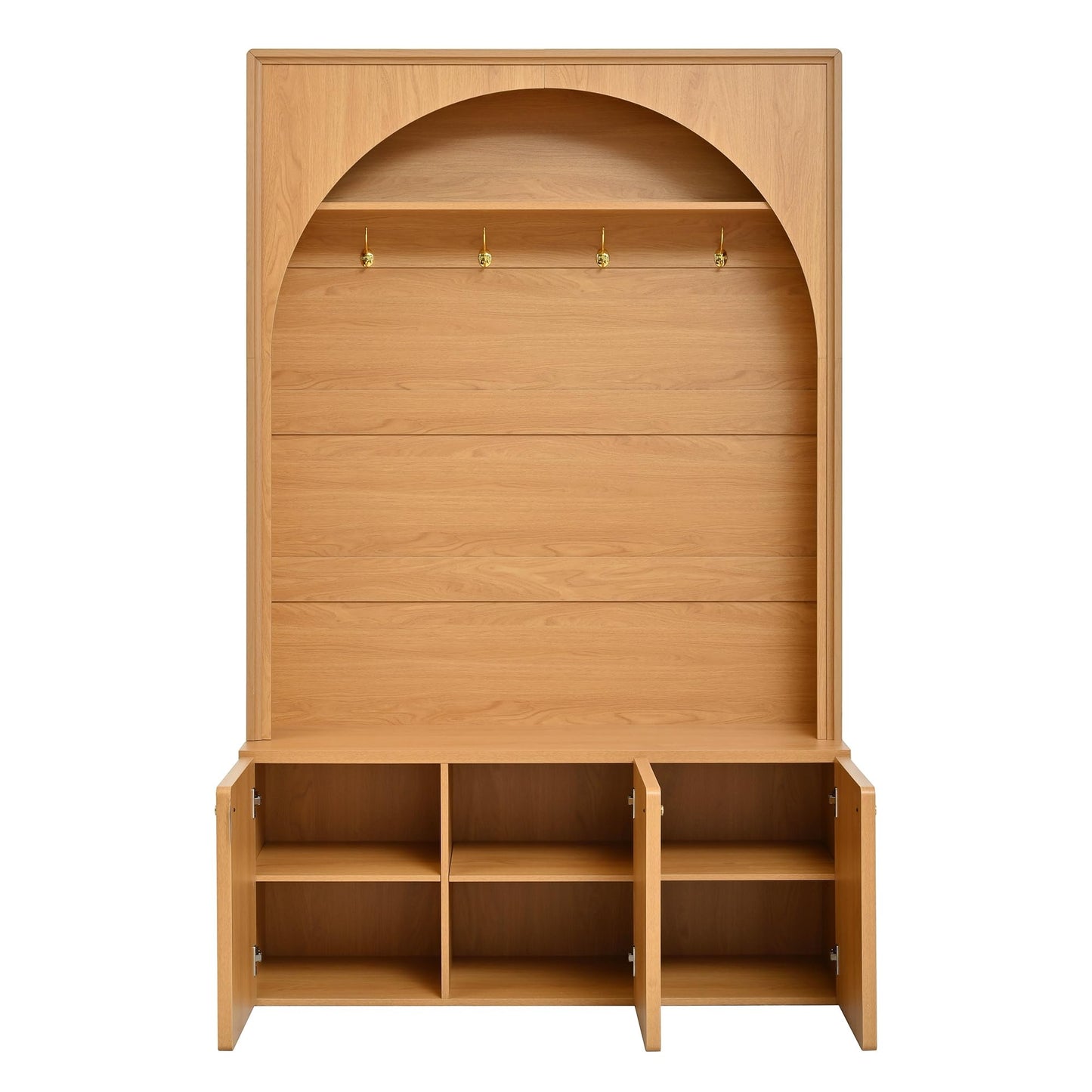 Merax Farmhouse Hall Tree with Bench and 3 Cabinets, 4-in-1 Entryway Coat Rack with 4 Golden Hooks and Top Compartments, 77.5" Retro Arched Entryway Hall Tree for Hallway, Mudroom, Entrance, Natural