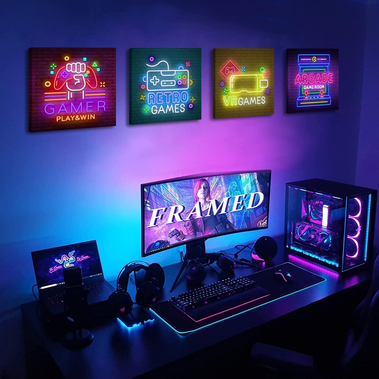 BLINFEIRU Game Room Decor Wall Art Video Gaming Pictures Canvas Prints 4 Piece Cool Pop Gaming Posters for Teen Room Boys Bedroom Framed Ready to Hang 12"x12"x4