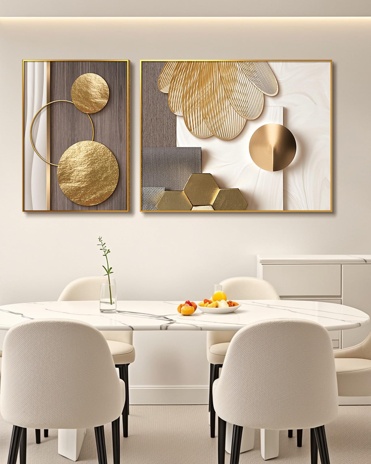 Azartslr Large Framed Modern Rose Gold Wall Art, Luxury 3 Pieces Aluminum Alloy Wall Decor for Living Room, Abstract Gold and Beige Home Bedroom Art Painting, Geometric Crystal Porcelain Artwork Dining Room Pictures Decoration