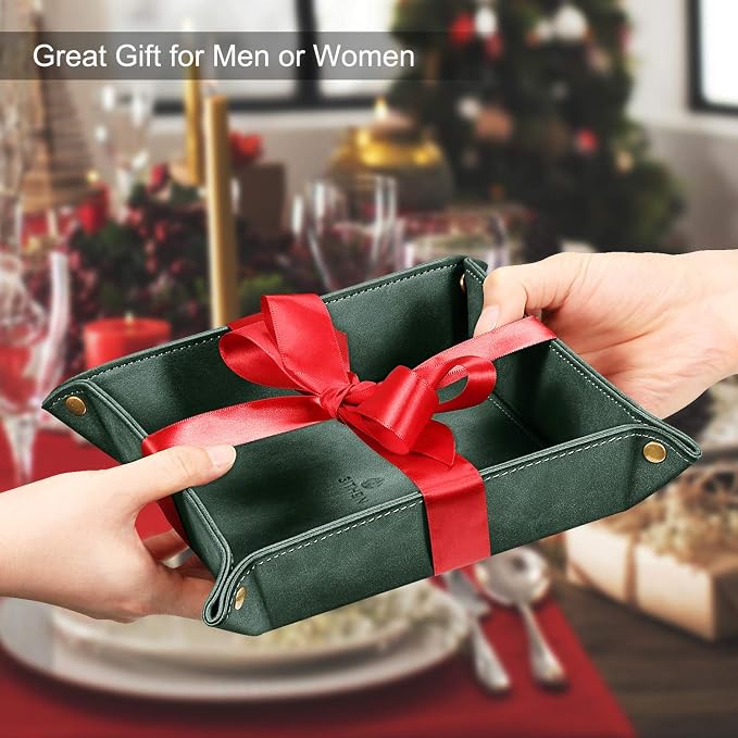 SITHON Valet Tray Desktop Storage Organizer – Premium PU Leather Catchall Bedside Vanity Tray Nightstand Caddy Holder for Keys, Phone, Wallet, Coin, Valentine's Day Gift, Dark Green
