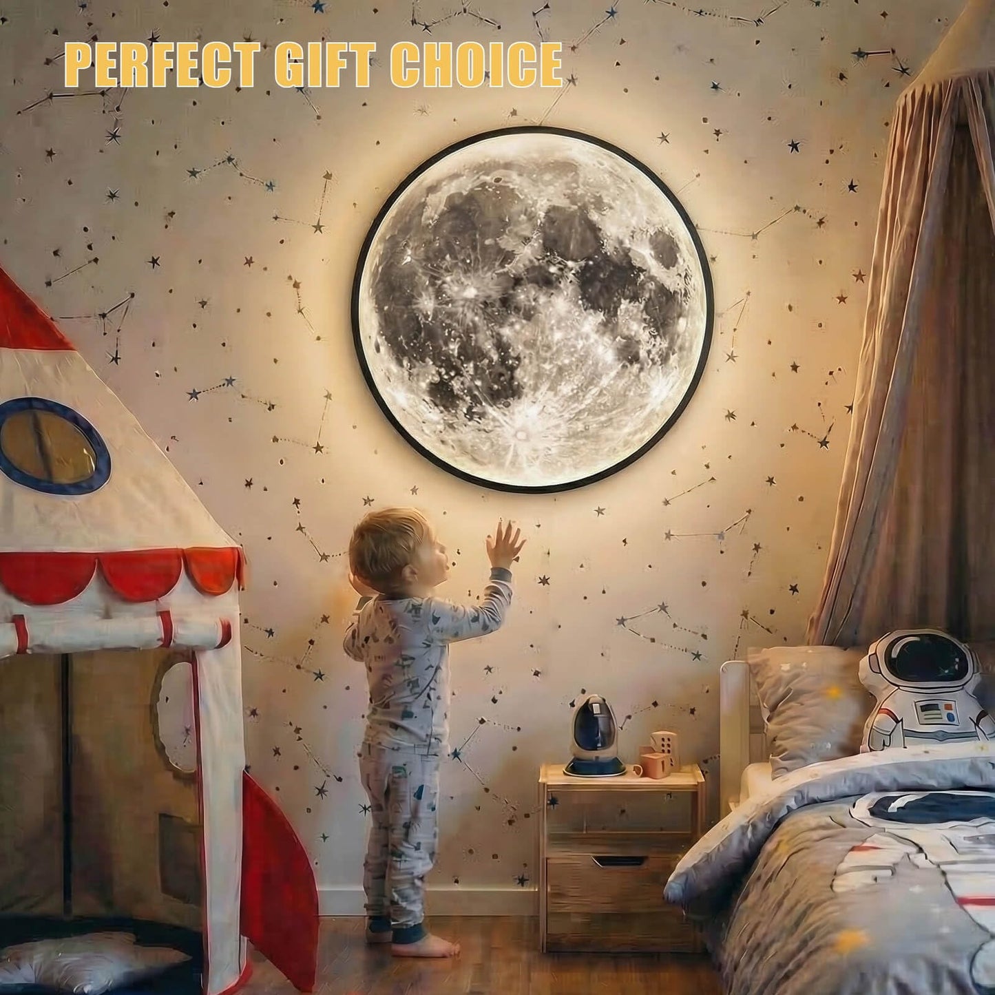 Dimmable Moon Wall Lamp, Rechargeable Battery Operated Wall Sconce Moon Lights with Remote, 3 Color Indoor Wall Mounted Lighting Ceiling Light for Living Bedroom Birthday Christmas Gift - 12 inch