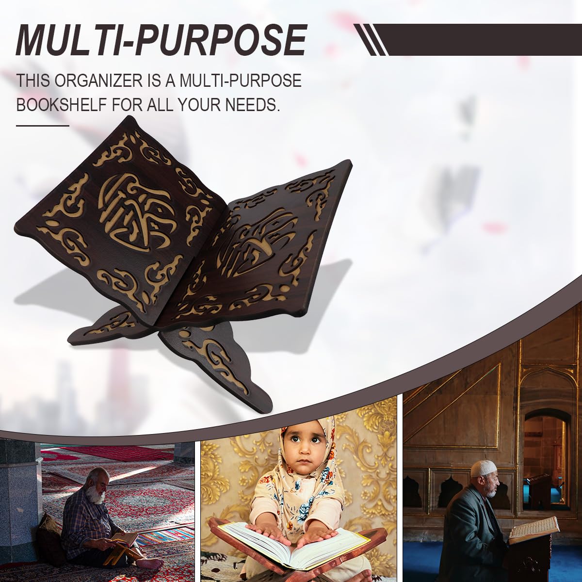 LNQ LUNIQI Foldable Wooden Book Stand Quran Bible Book Holder Muslim Reading Bookshelf Magazine Cookbook Display Holder for Display Reading Prayer Chapel(Black)