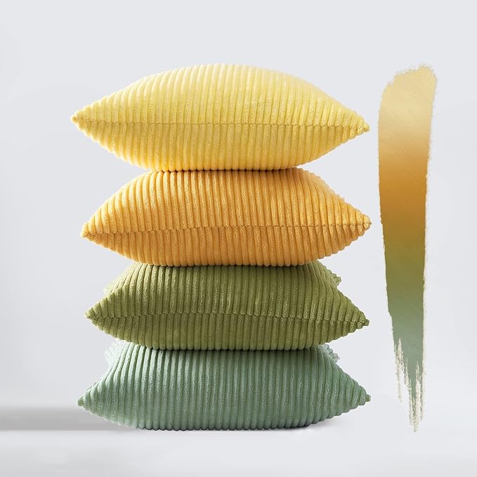 Topfinel 24x24 Decorative Large Throw Pillows Covers Set of 4,Yellow Green Mix Design Corduroy Bed Cushion Case,Couch Sofa Living Room Euro Shams No Insert,Summer Home Decor