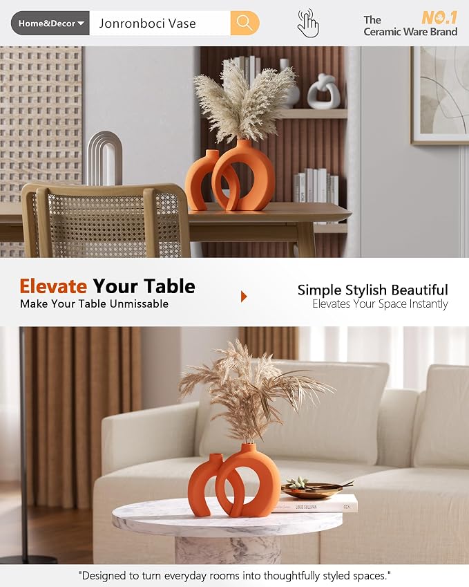 Set of 2 Orange Ceramic Vases for Home Decor Accents - Unique Hollow Donut Artistic Design Mid-Century Modern Eclectic Fall Style Decorative Vases for Shelf, Mantel, Entryway Table Decor(Matte Orange)