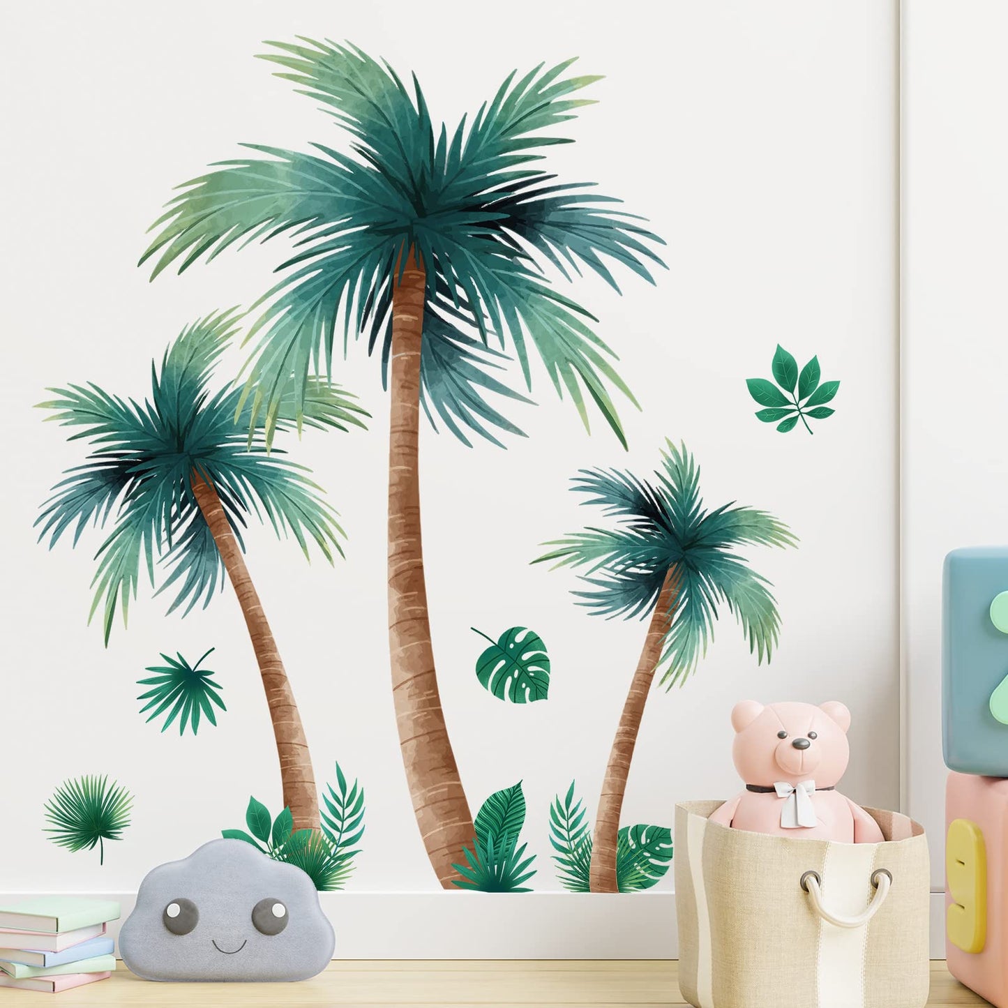 3D Removable Tropical Rainforest Wall Sticker Brown Tree Green Leaves Wall Decal DIY Peel and Stick Coconut Tree Wall Decor for Kids Girls Boys Bedroom Living Room Nursery Classroom Playroom