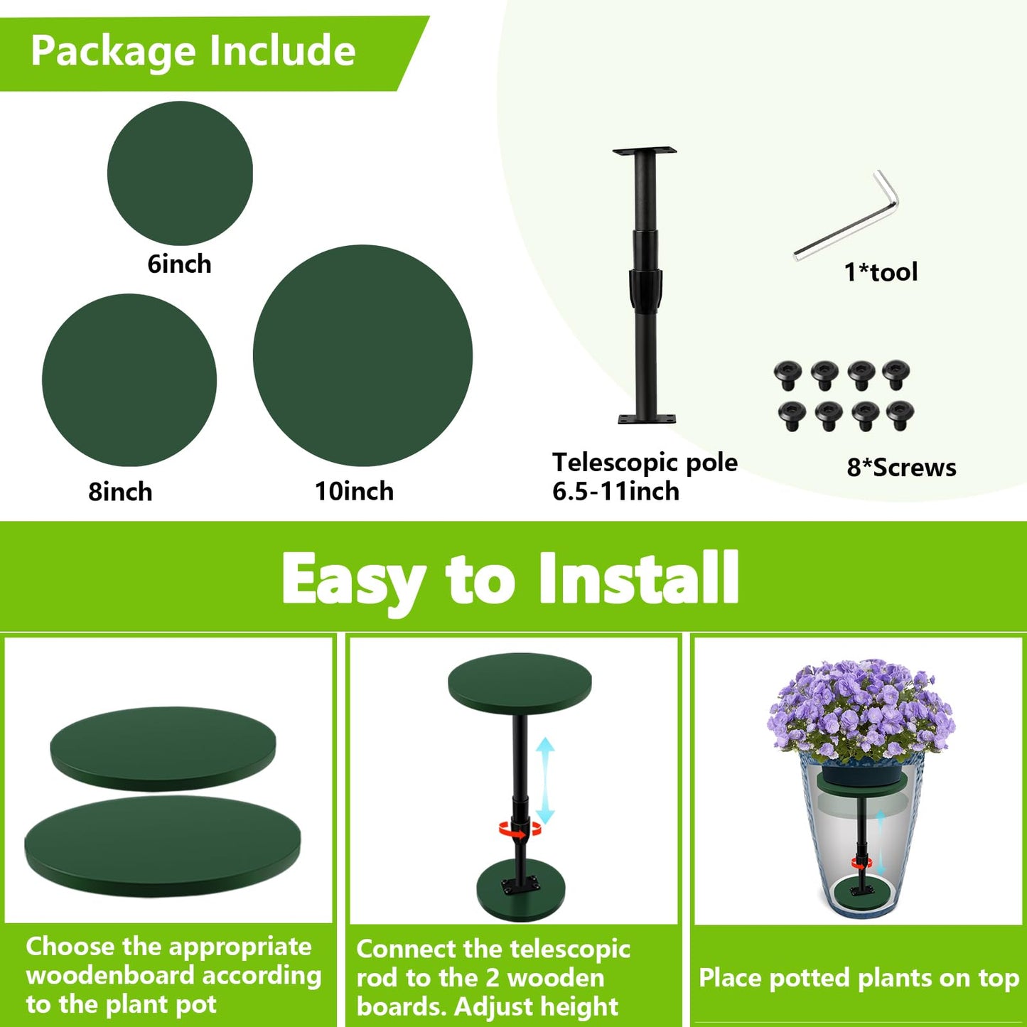 Axcoix Adjustable Height Plant Risers for Inside Pots, 7.5-12" Planter Inserts for Large Pots, Planter Lift Insert for Tall Square Round Taper Planters (6" 8" 10" Base or Top)