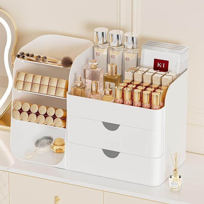 Makeup Organizer with Drawers, Large Capacity Countertop Organizer for Vanity, Bathroom and Bedroom Desk Cosmetics Organizer, Easy To Storage Skincare, Brushes, Eyeshadow, Lipstick (All White)