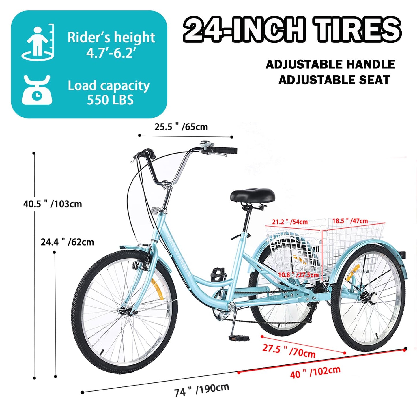 Adult Tricycle 7 Speed, 24 Inch 3 Wheel Trike Load 550lb,with Rear Basket,for Women,Seniors Picnic Exercise Shopping (Blue)