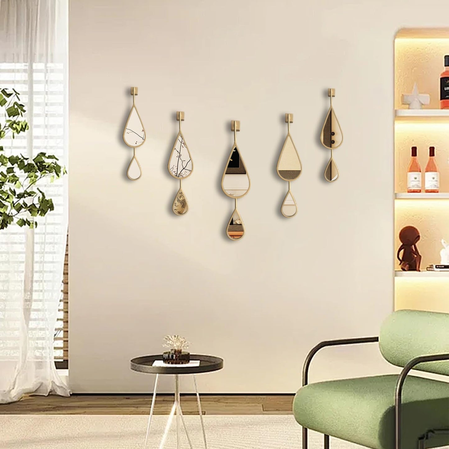 BAODANFU Wall Mirror Decorative Mirrors Mounted Decor Tear Drop Shape Gold for Bedroom Living Room Entryway Bathroom Vanity Brassy Gold Metal Frame, 5-Pack Mirrors Set