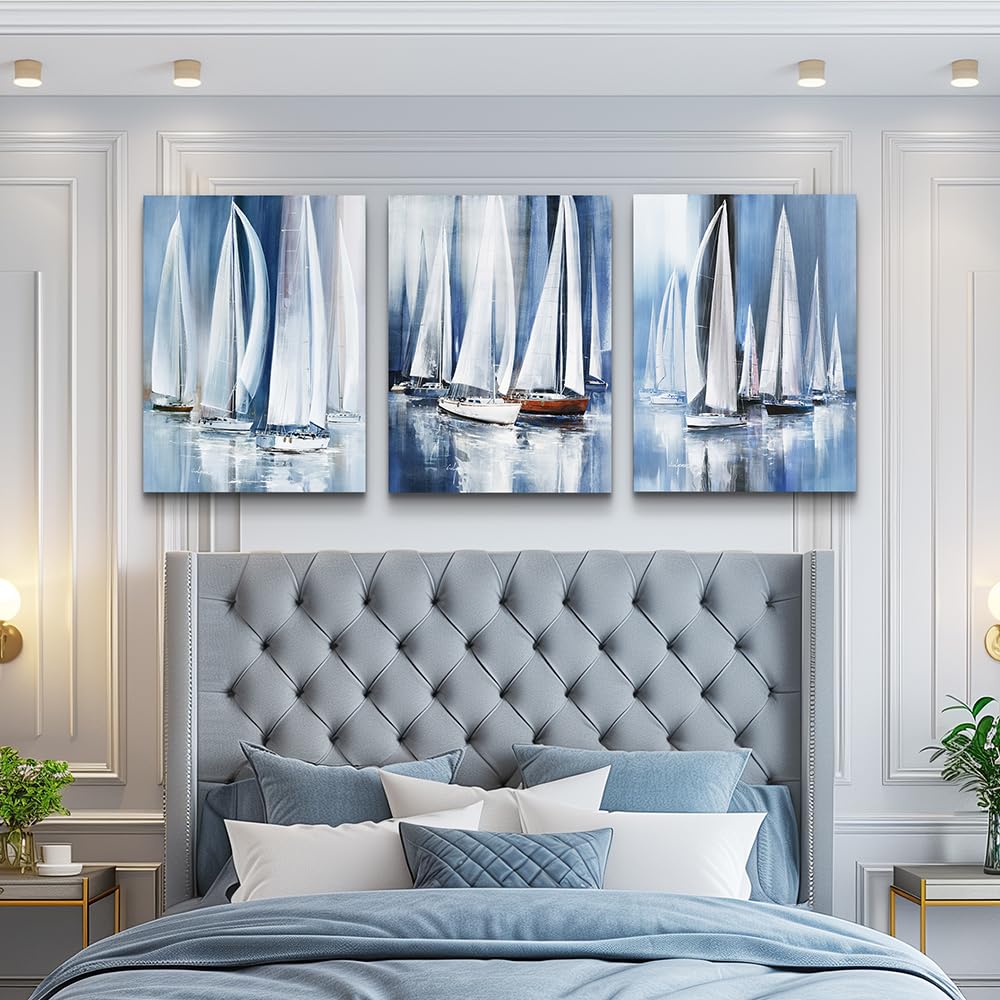 3 Piece Framed Canvas Wall Art For Living Room Bathroom Bedroom Wall Art Decor Ocean Landscape Sailboat Abstract Canvas Painting Ready To Hang Office Home Decoration Sea Poster Pictures Wall Artworks