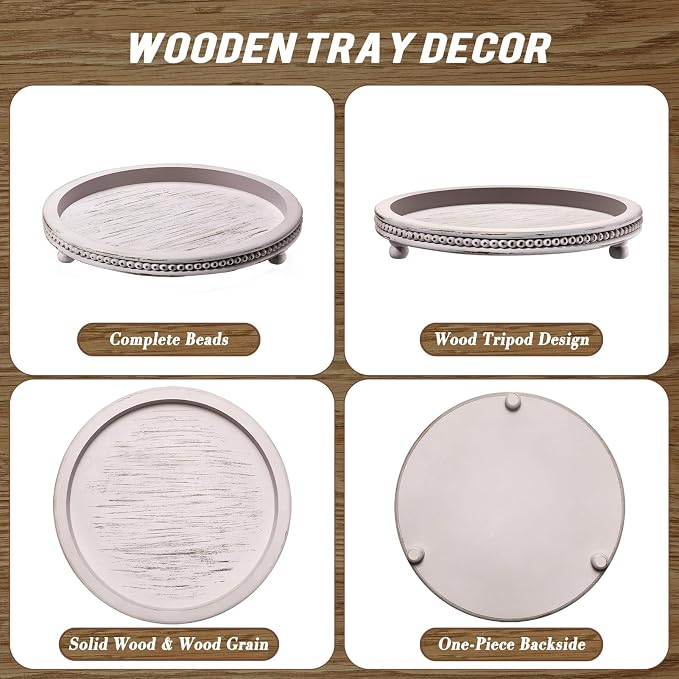 Handmade Wooden Decorative Tray, Small Beaded Coffee Table Tray Decor, Grey Round Decorative Tray for Coffee Table, Dining Room Table Entryway and Living Room Table