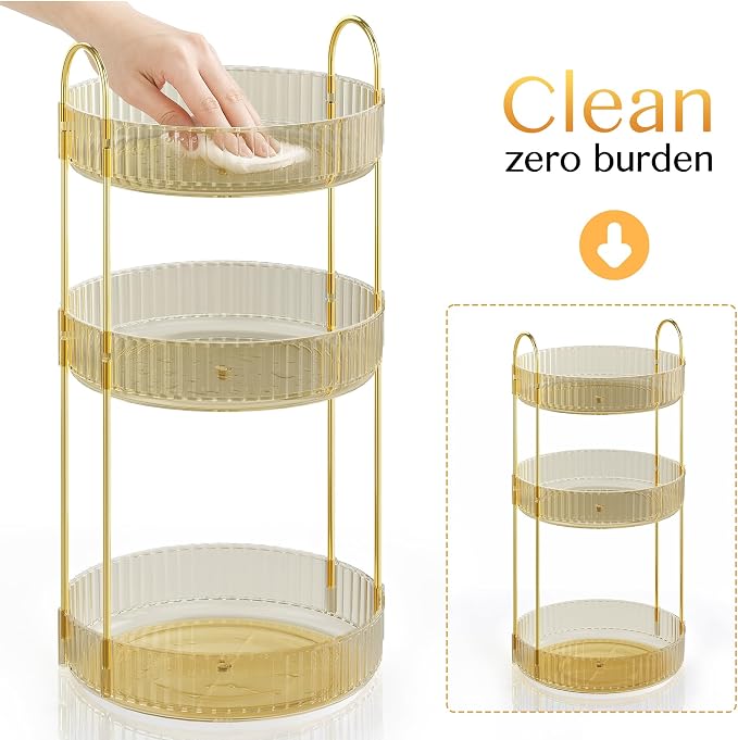 Rotating Makeup Organizer Countertop,Skincare Organizers,Spinning Perfume Tray Stand,Makeup Storage Organizer for Vanity,Bathroom Organizer and Storage,Lazy Susan,3 Tier,Gold
