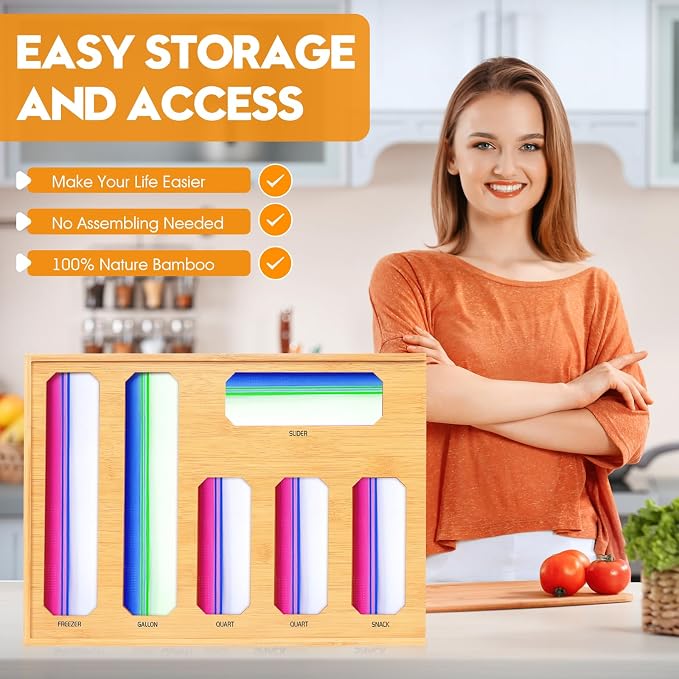 Bamboo Ziplock Bag Organizer for Kitchen Drawer & Wall Mount, Food Storage Baggie Holder, Fits Gallon Quart Sandwich Snack Freezer & Slider Bags, No Assembly, 6 in 1,Natural Color