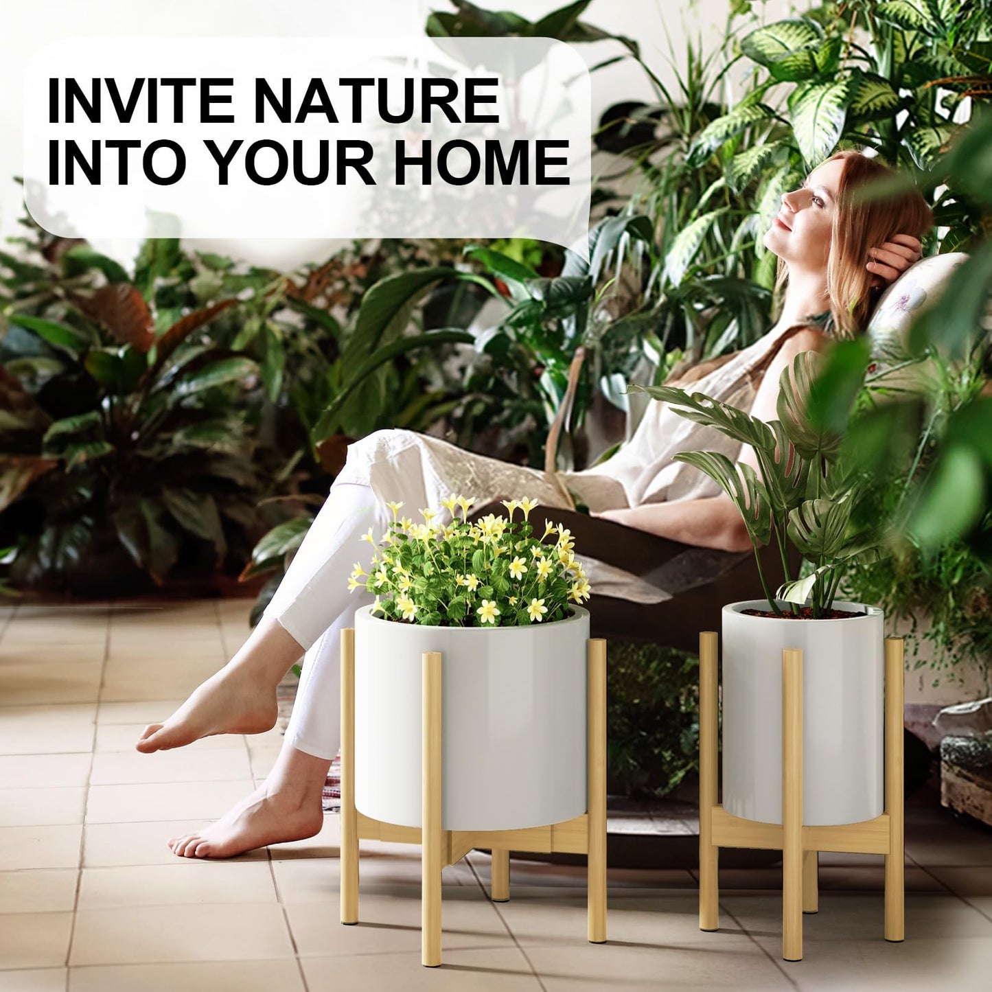 MUDEELA Plant Stand for Indoor Plants: Adjustable Width Fits 8-12 Inch Pots - Mid Century Modern Bamboo Plant Stand - 14.5 Inch Single Tier Small Floor Plant Holder, Natural, 1 Pack (Without Pot)