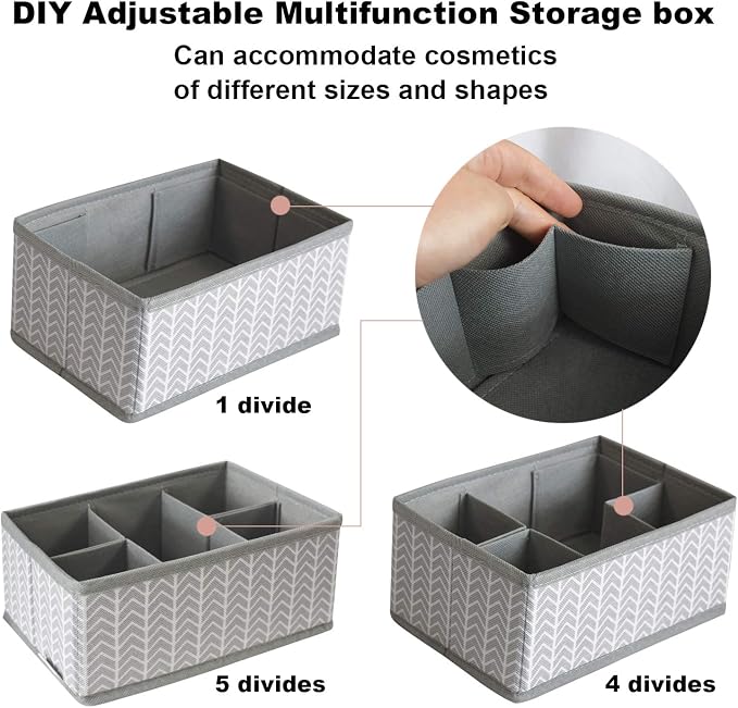 Cosmetic Storage Bins Makeup Organizer, Adjustable Multifunction Storage Box Desk Drawer Divider for Makeup Brushes, Bathroom Countertop or Dresser, Set of 3 (Grey)
