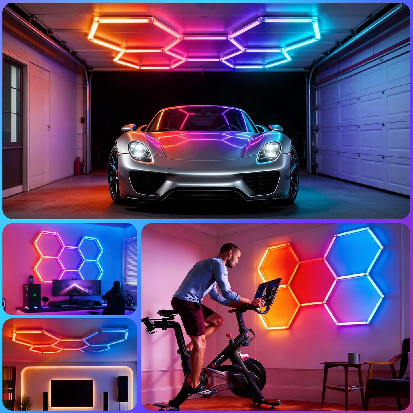 HYPERLITE Hexagon Garage Lights: Gen-IV 5 Grid RGB Hexagon LED Lights with Music Sync Mode, App & Remote Control, Multi-Color Honeycomb Light for Gaming Room, Gym, Garage