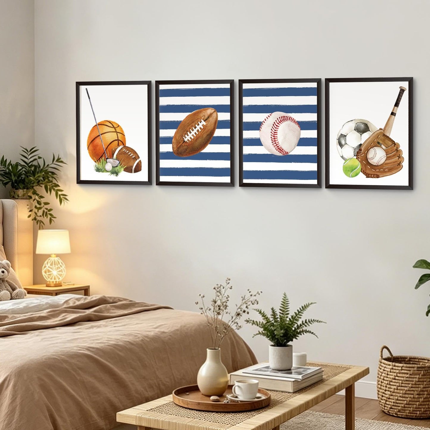 Hapons Sport Themed Wall Art Decor Posters, Basketball Baseball Football Soccer College Teen Boys Men Kids Room Bedroom Playroom Dorm Wall Art Prints, Aesthetic Tennis Golf Blue Striped Nursery Wall Decor Sport Lover Gifts 8''x10'' 4 PCS Unframed