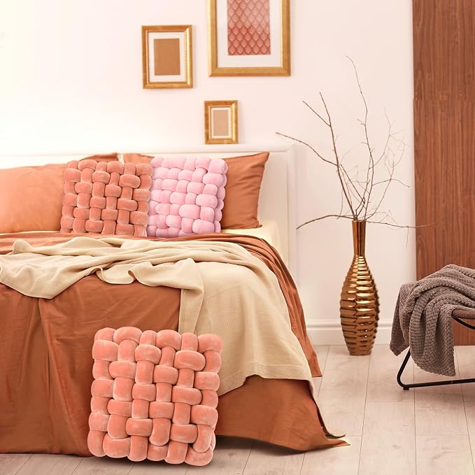 Wenqik 2 Pcs Knot Pillows Square Knotted Plush Throws Soft Accent Pillows Decoration Cushion for Couch Home Office Living Room Bedroom Bed Sofa Decor, 12'' x 13''(Coral Red,Crystal Velvet)