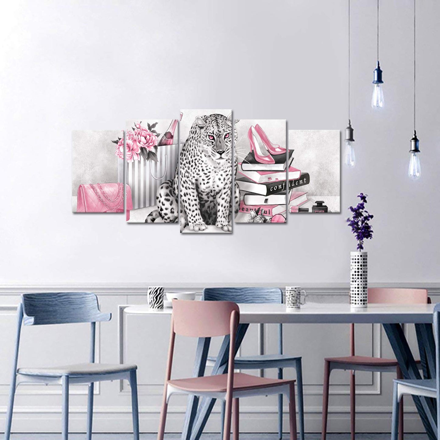 Kalormore 5 Pcs Leopard Canvas Black and White Wall Art Prints Glam High Heel Shoes Books Poster Giclee Prints Picture for Woman Bedroom Girl Gift Makeup Room Decoration (Pink, L-60 xH-32)