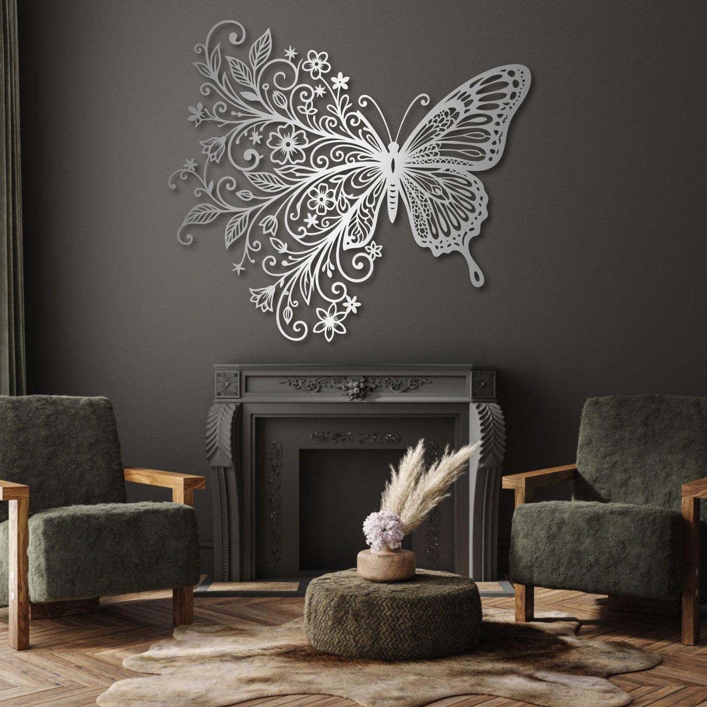 Floral Butterfly Metal Wall Art, Metal Flowers Butterfly Wall Decor, Butterflies Wall Decor, Metal Flower Butterflies Wall Art for Living Room, Bedroom, Garden(Gold,19"W x 17"H / 47 x 42 cm)