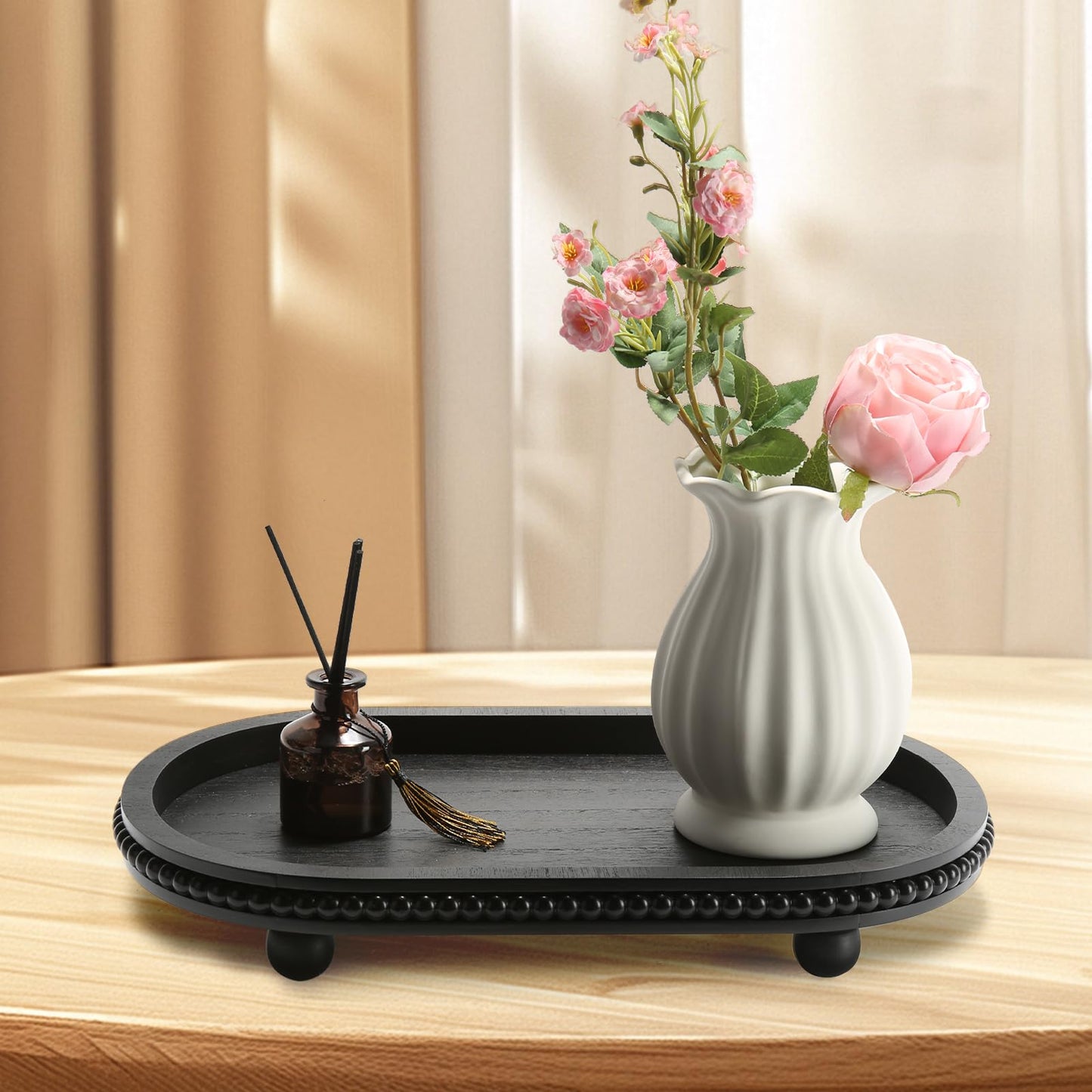 SYNCVIBE Wooden Decorative Tray for Home Decor, Beaded Black Oval Tray Decor for Coffee Table, Rustic Wood Serving Trays Farmhouse Centerpieces for Living Room Kitchen Counter (Black Oval)