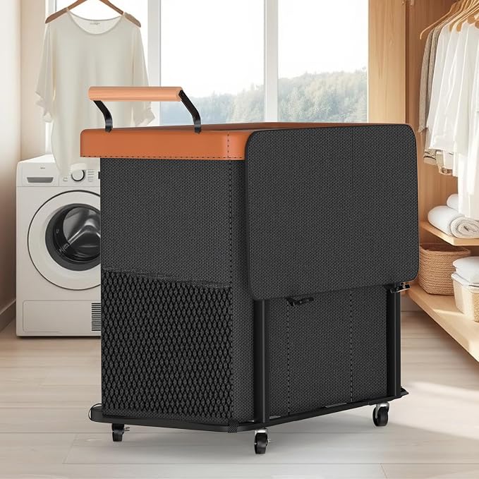 Rolling Laundry Hamper with Wheels, Laundry Hamper 3 Section with Lid, Laundry Basket with Rolling Lockable Wheels and Handle, Laundry Basket Organizer for Laundry Room, Bedroom 230L Black