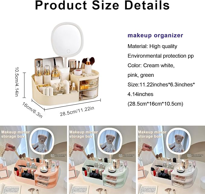 DASITON Makeup Organizer with Rechargeable Mirror,Makeup Brush Holder with 2 Drawers,Skincare and Cosmetics Organizer Countertop,Large Capacity Cosmetic Display Case for Vanity,Bedroom,Bathroom(Cream)