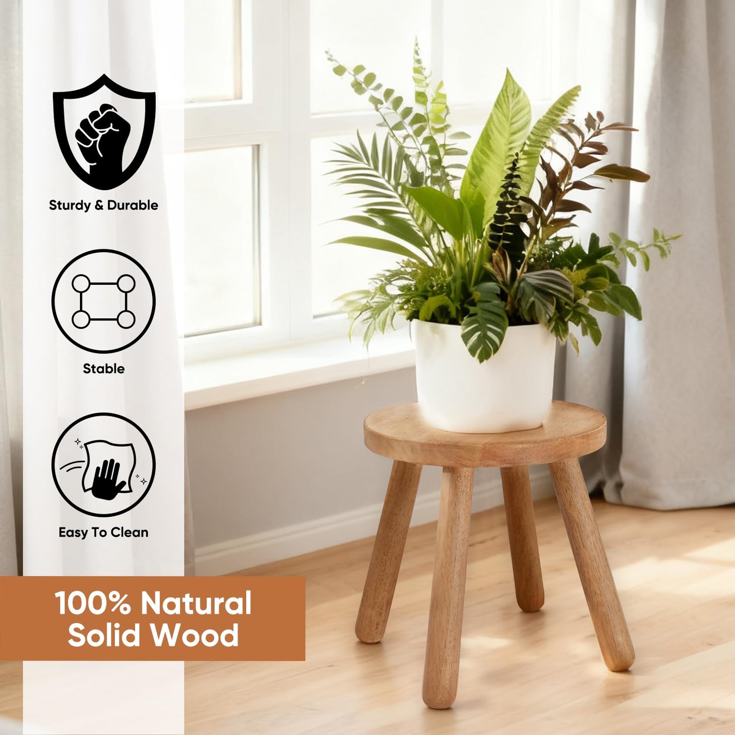 JUJIAFU 11.8" H Round Solid Wooden Stool Wood Plant Stand Woden Decorative Stool Garden Stool Portable Stand for Kitchen Bathroom Living Room Bedroom