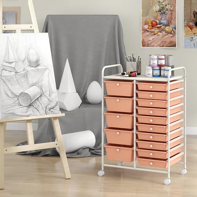 Giantex 15 Drawers Rolling Cart, Classroom Organizers, Storage Cart with Wheels, for Teacher Office Home School Supplies Tool Craft Art Paper