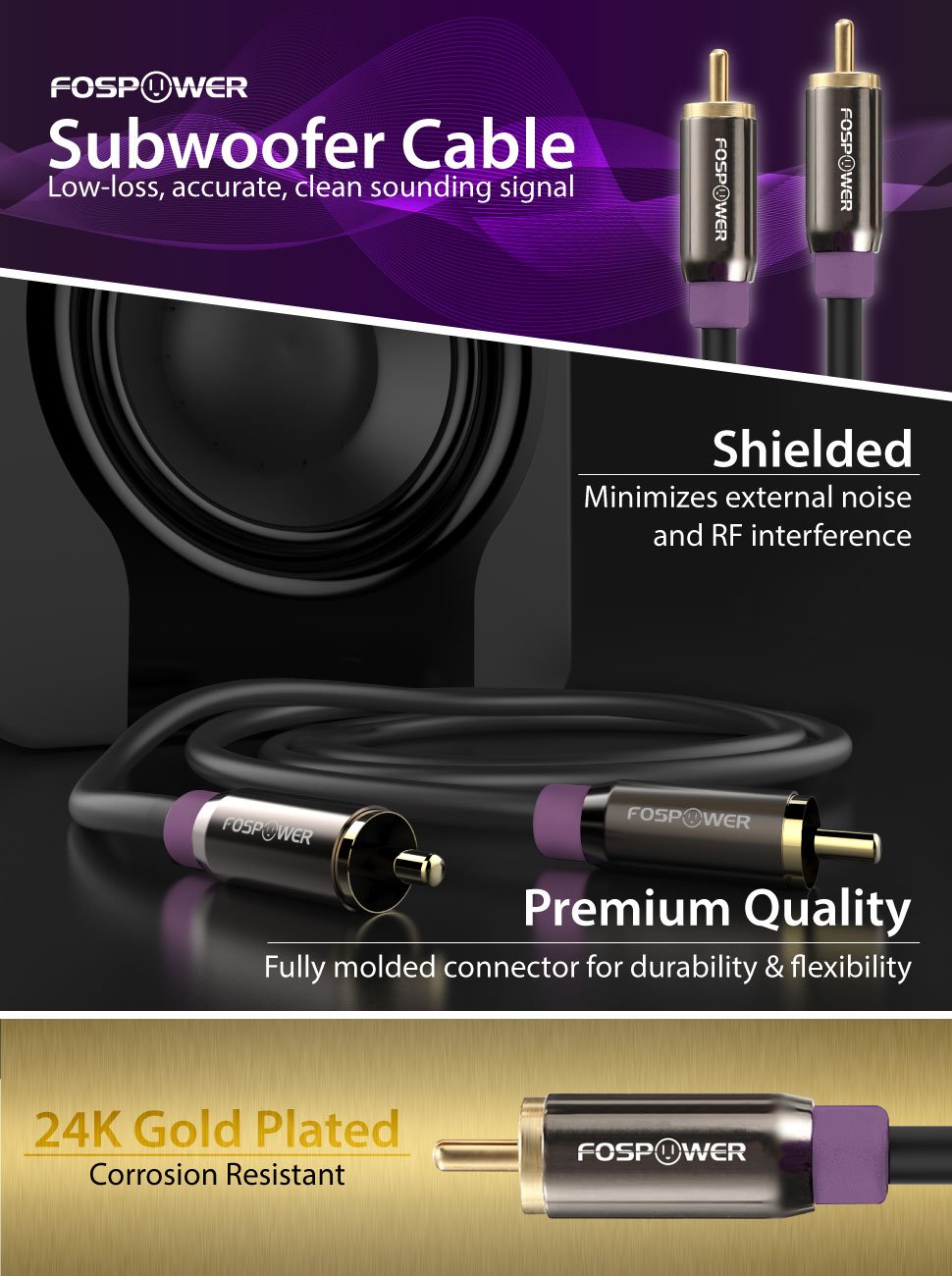 (10 24K FosPower Subwoofer Cable FT) RCA to RCA Audio Stereo Cable, Male to Male - Dual Shielded Cord | Gold Plated