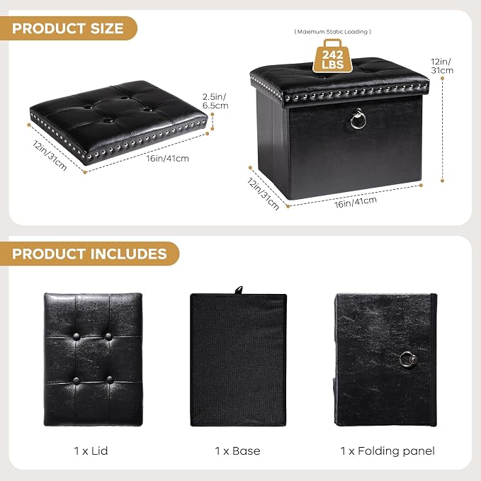 oakvivo Small Storage Ottoman Foot Rest Stool, 16x12x12 in Foldable Leather Footstool Storage Bench with Rivet Design, Thicker Foam Padded Seat, Footrest Under Desk for Living Room Bedroom, Black